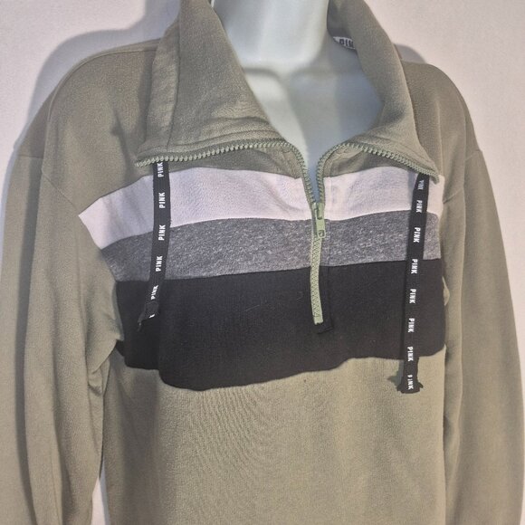 PINK/Victoria's Secret zippered front fleece jacket, green w/stripes in size XS - Picture 14 of 16